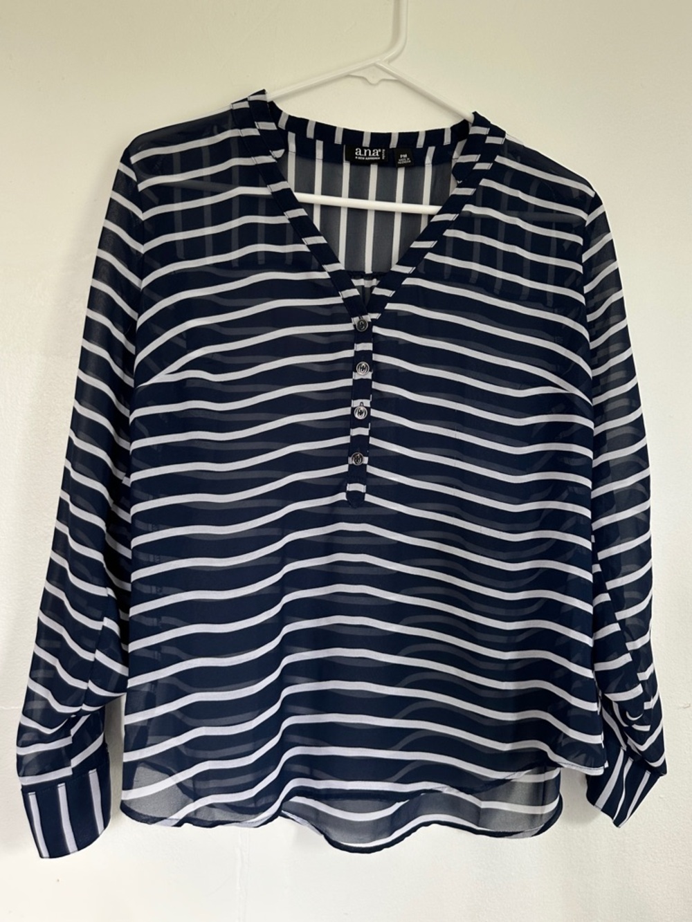 a.n.a Navy & White Striped Henley Blouse